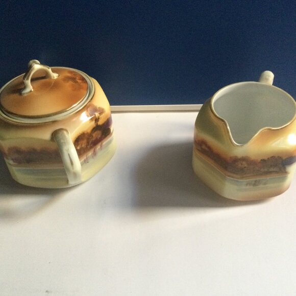 Vintage antique hand painted Nippon lidded sugar bowl and creamer tree - Picture 4 of 6